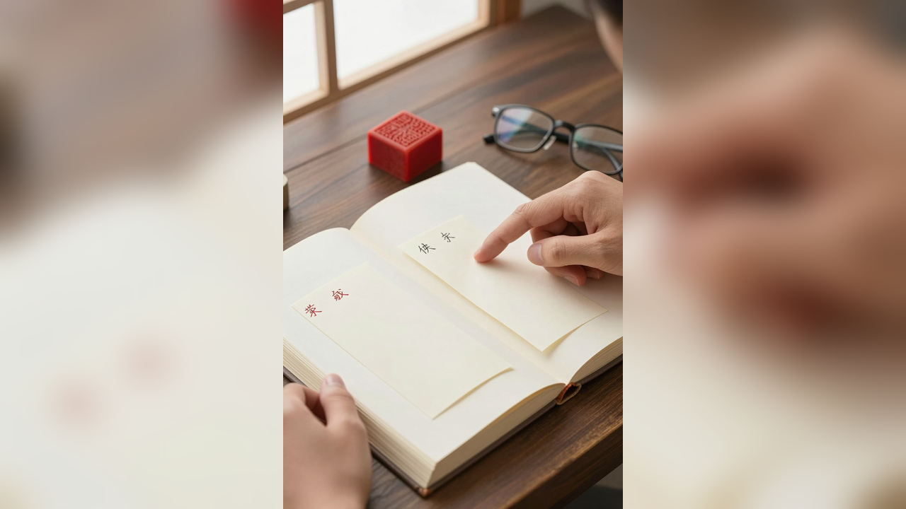 Family research table with blank paper slips, a record book, red seal stone, and a hand marking the first name position