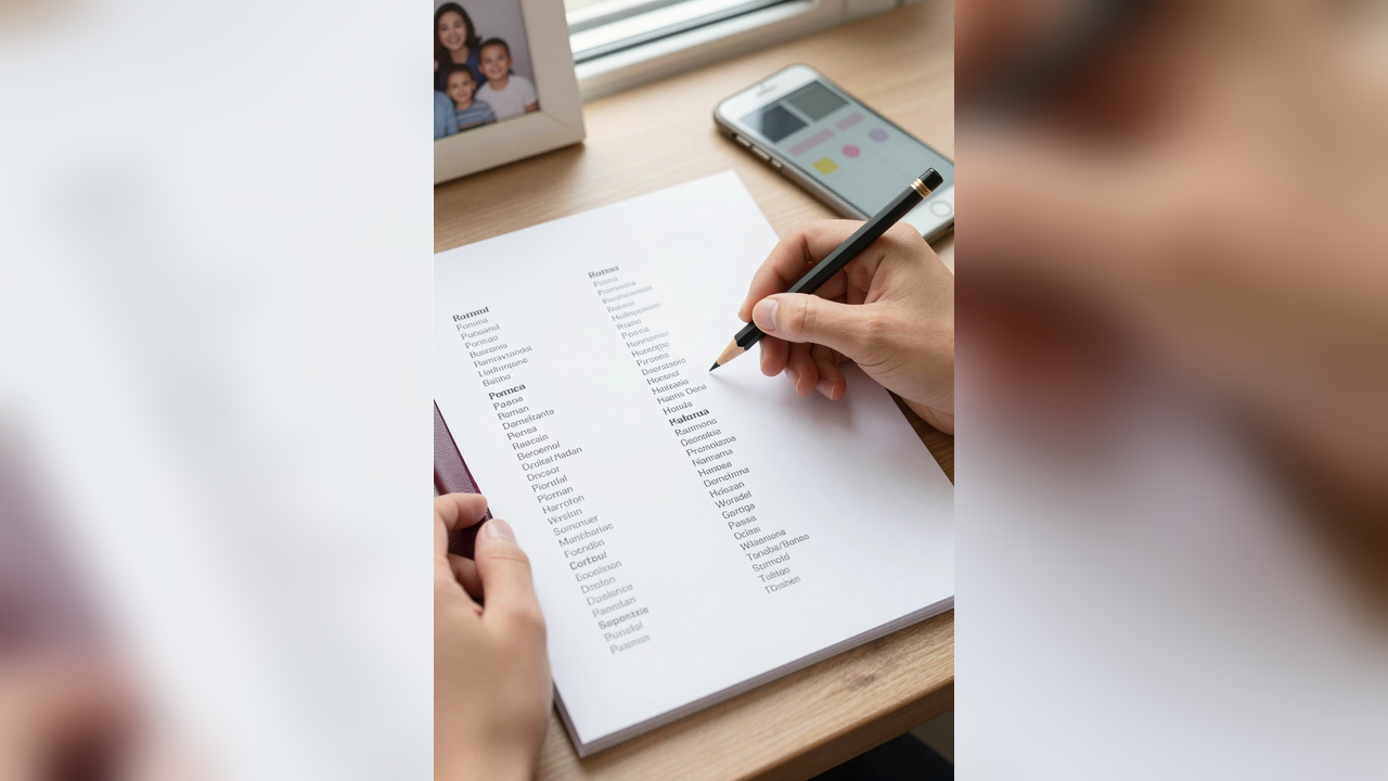Blank form, closed passport cover, pencil, smartphone, and family photo frame on a desk