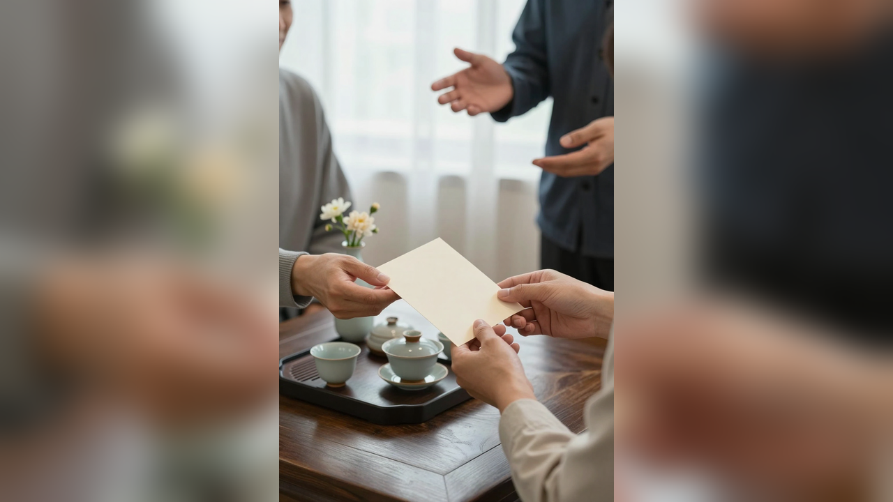 Two adults exchanging a blank invitation beside a tea tray and flowers at a home gathering