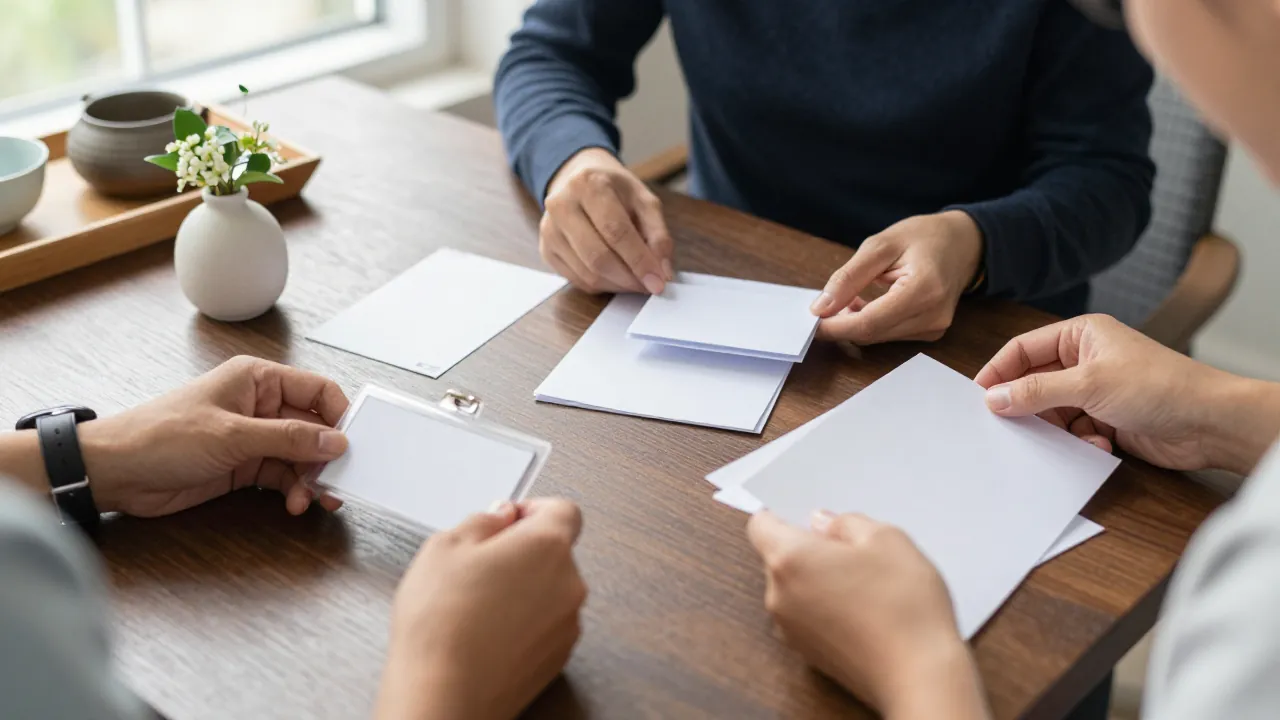 Two adults reviewing blank name badges and invitation cards at a table