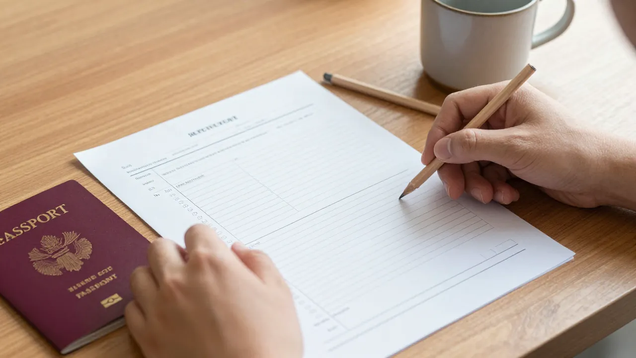 Hands checking surname and given-name fields on a blank bilingual form beside a passport cover