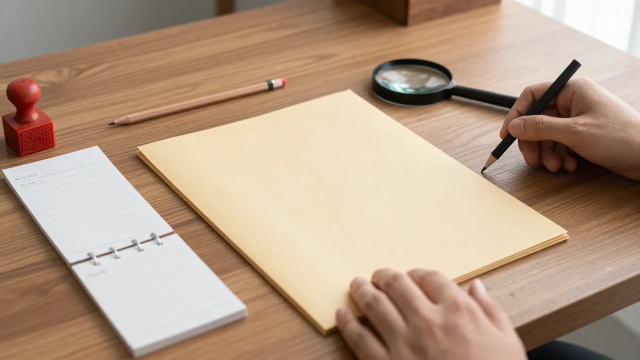 Family record folder, blank note cards, magnifying glass, and pencil on a wooden desk