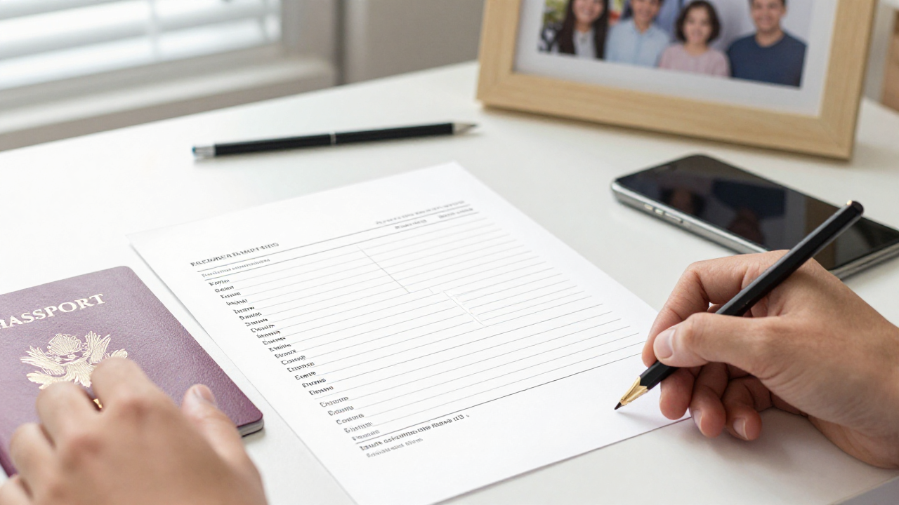 Blank form, closed passport cover, pencil, smartphone, and family photo frame on a desk