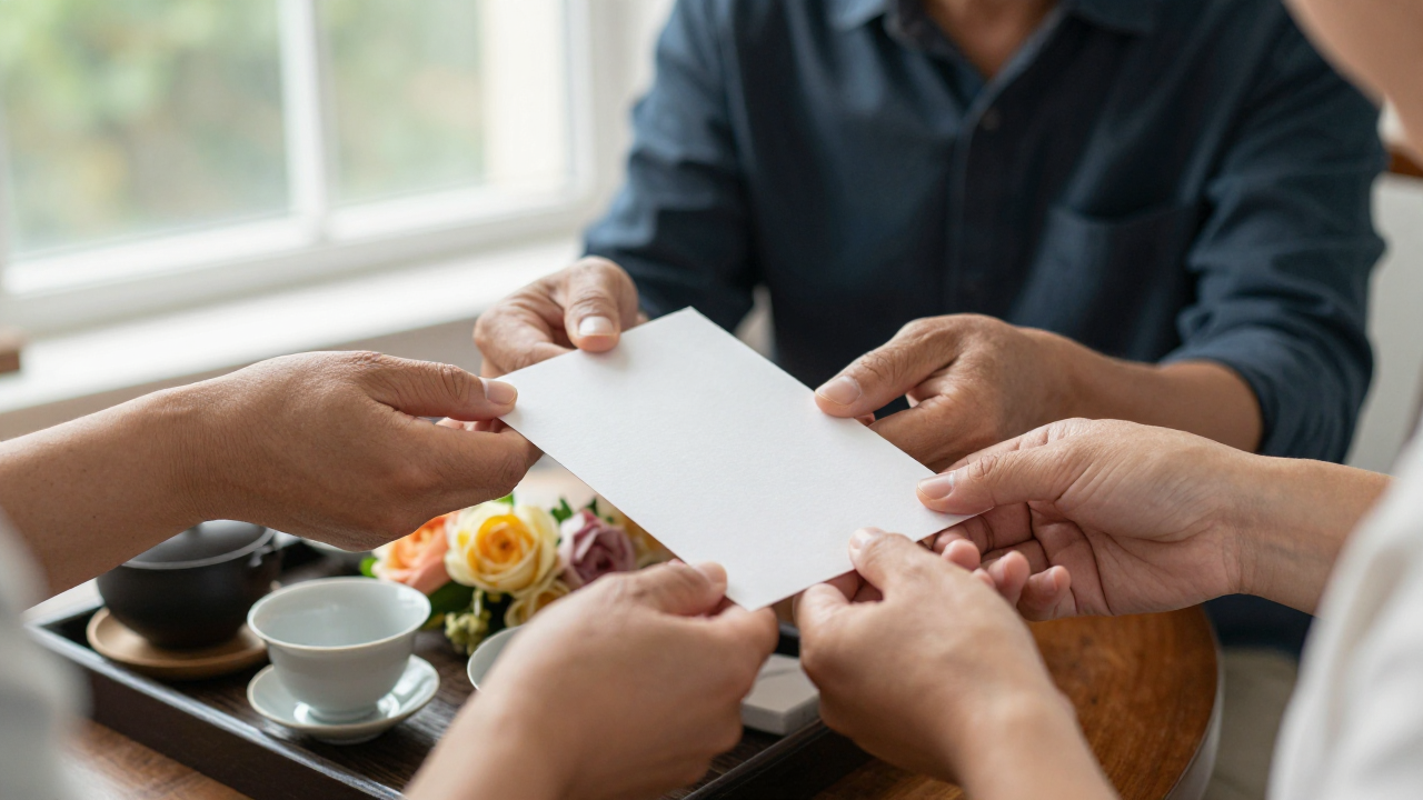 Two adults exchanging a blank invitation beside a tea tray and flowers at a home gathering