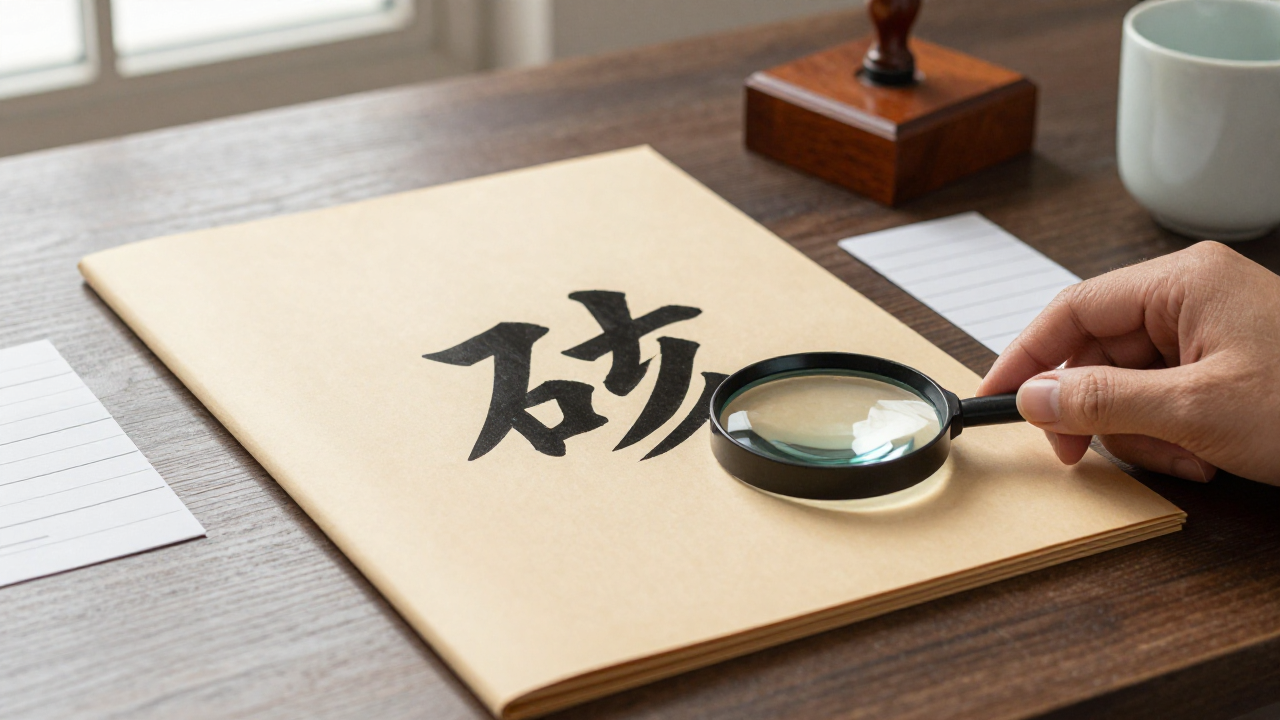 Archival folder, magnifying glass, seal box, and blank index tabs on a research desk