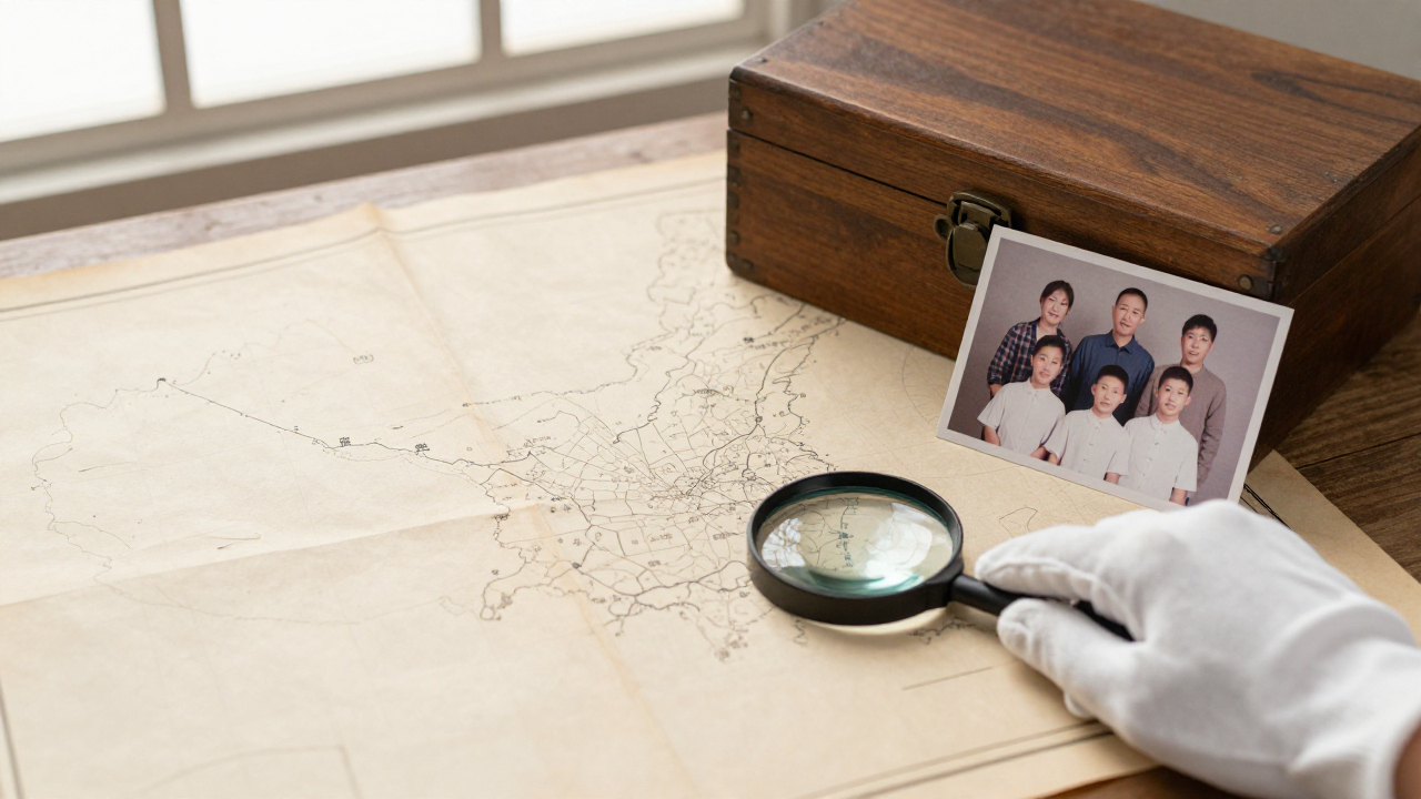 Blank old map, wooden record box, cotton gloves, and face-down photograph