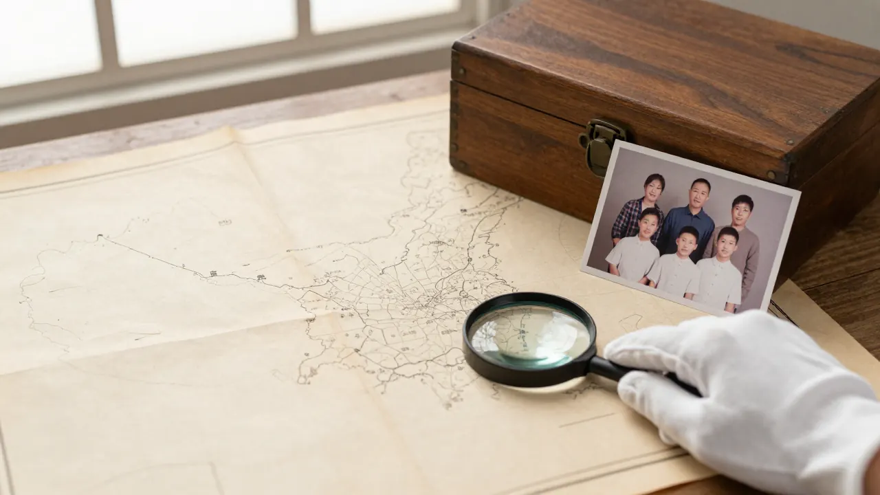 Blank old map, wooden record box, cotton gloves, and face-down photograph
