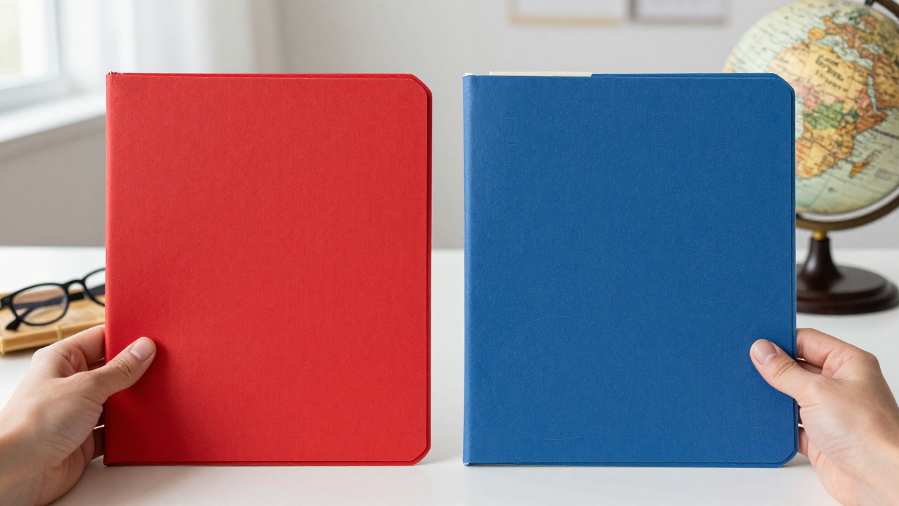 Two unmarked archival folders beside a globe and reading glasses