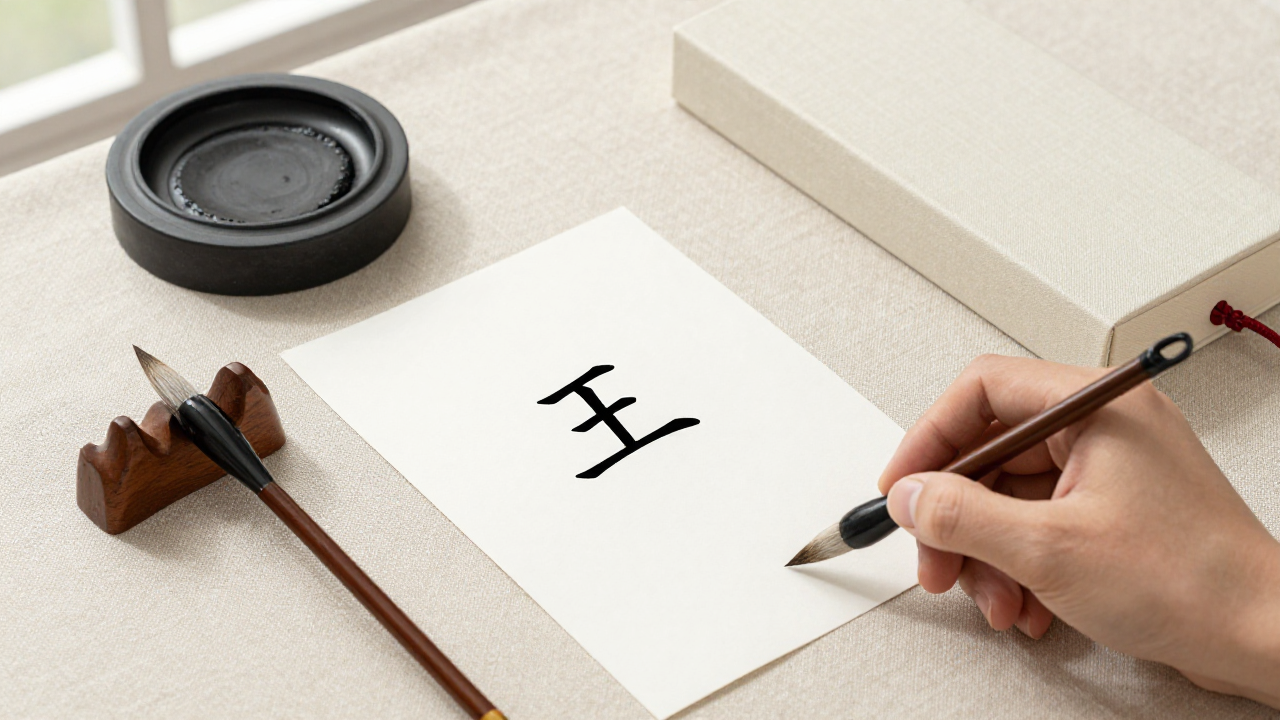 wang chinese surname scene with blank surname slip, ink stone, wooden seal