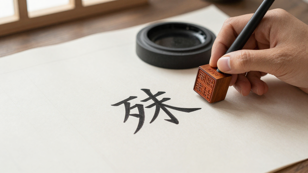 chen chinese surname scene with wooden family seal, ink stone, blank reference card