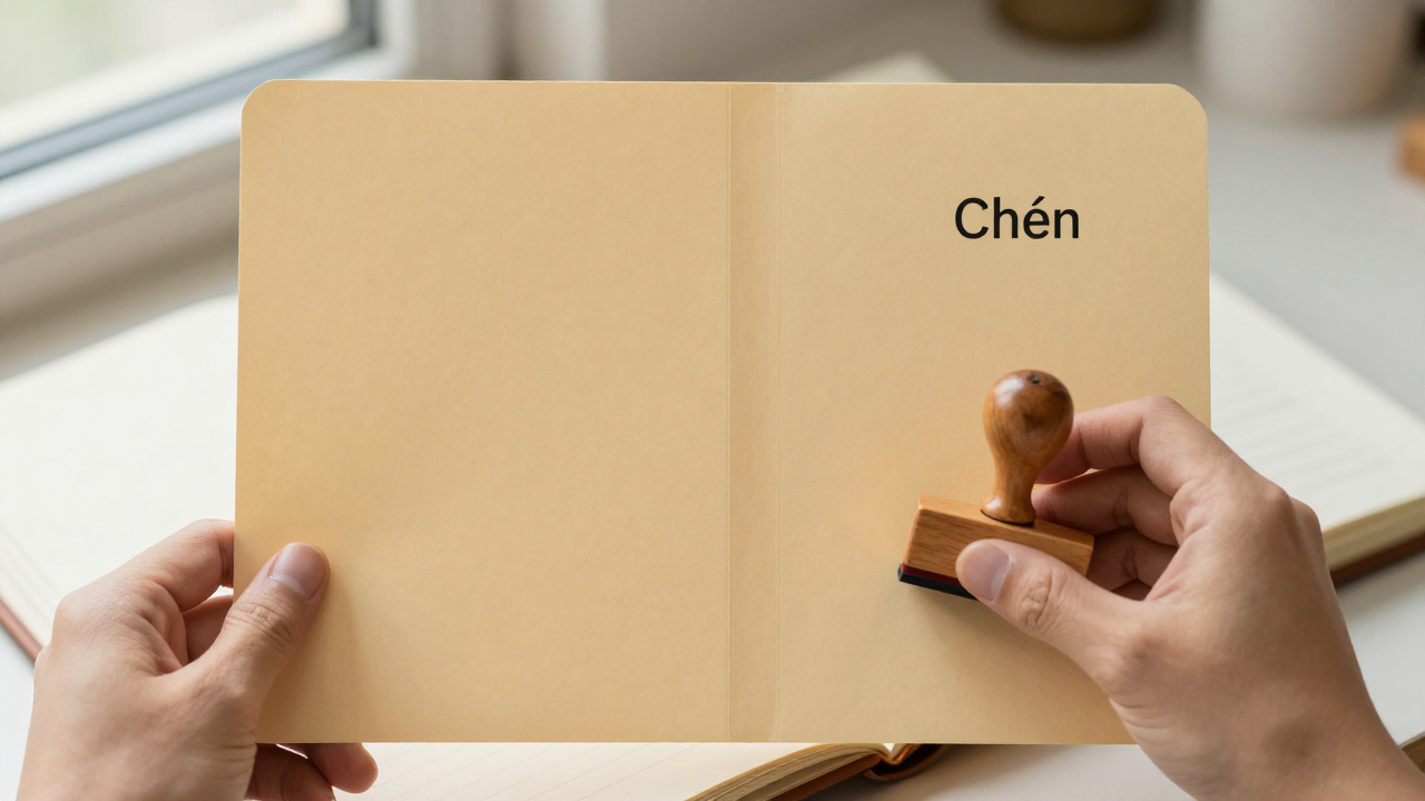 chen chinese surname scene with blank registry folder, wooden stamp, family album