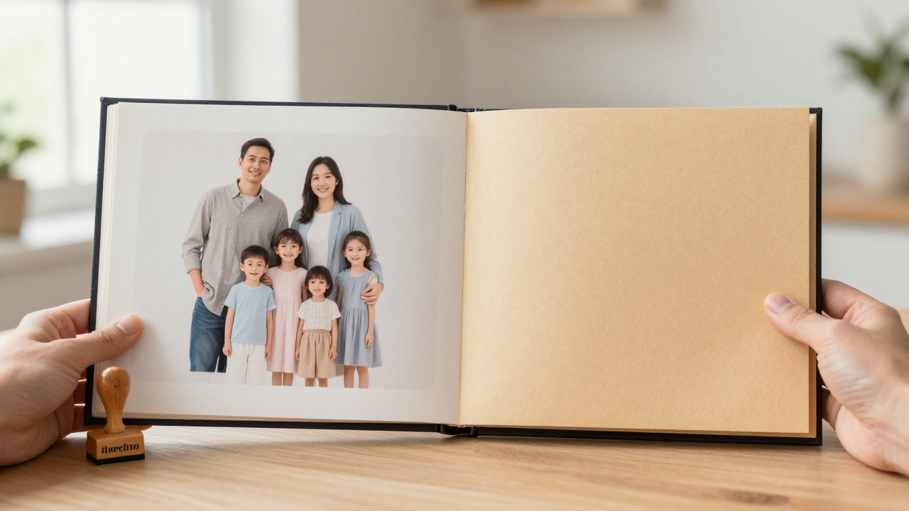 liu chinese surname scene with family album, registry folder, wooden stamp