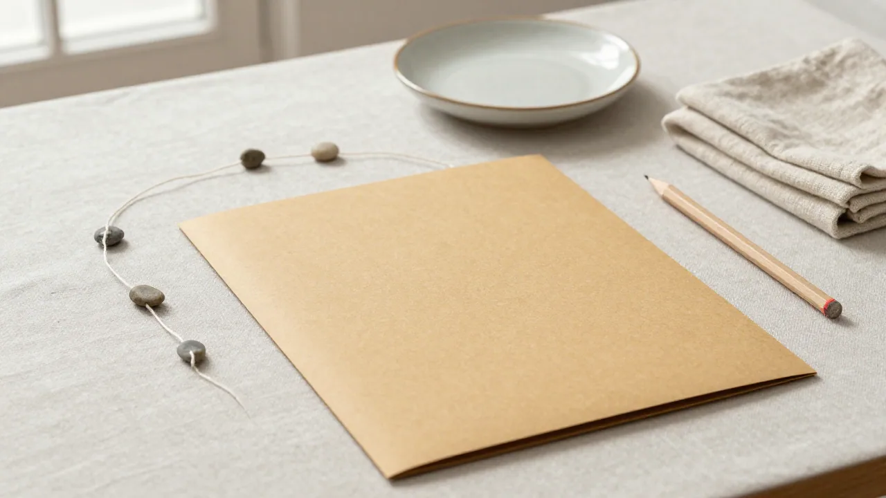 Cotton thread, smooth stones, blank folder, pencil, ceramic dish, and folded linen on a table