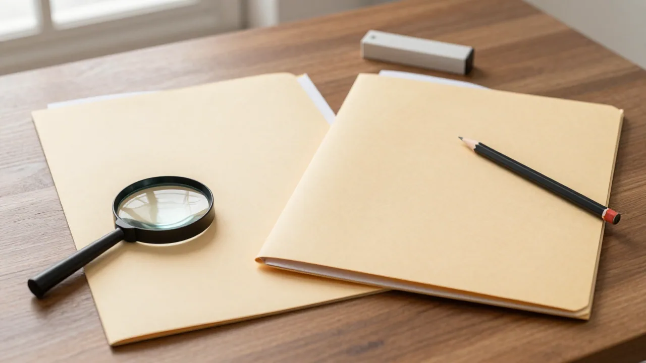 Blank genealogy folders with magnifying glass and pencil