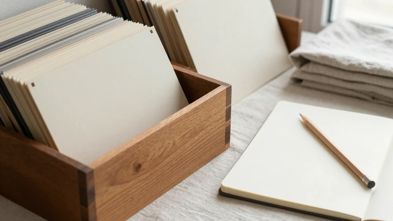 blank record slips with wooden box, notebook, and pencil for ng surname origin