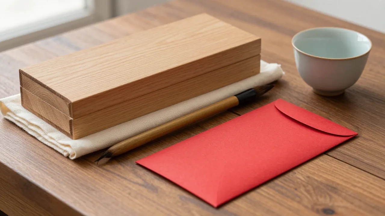 ink brush, family notebook, and wooden box for family name in chinese