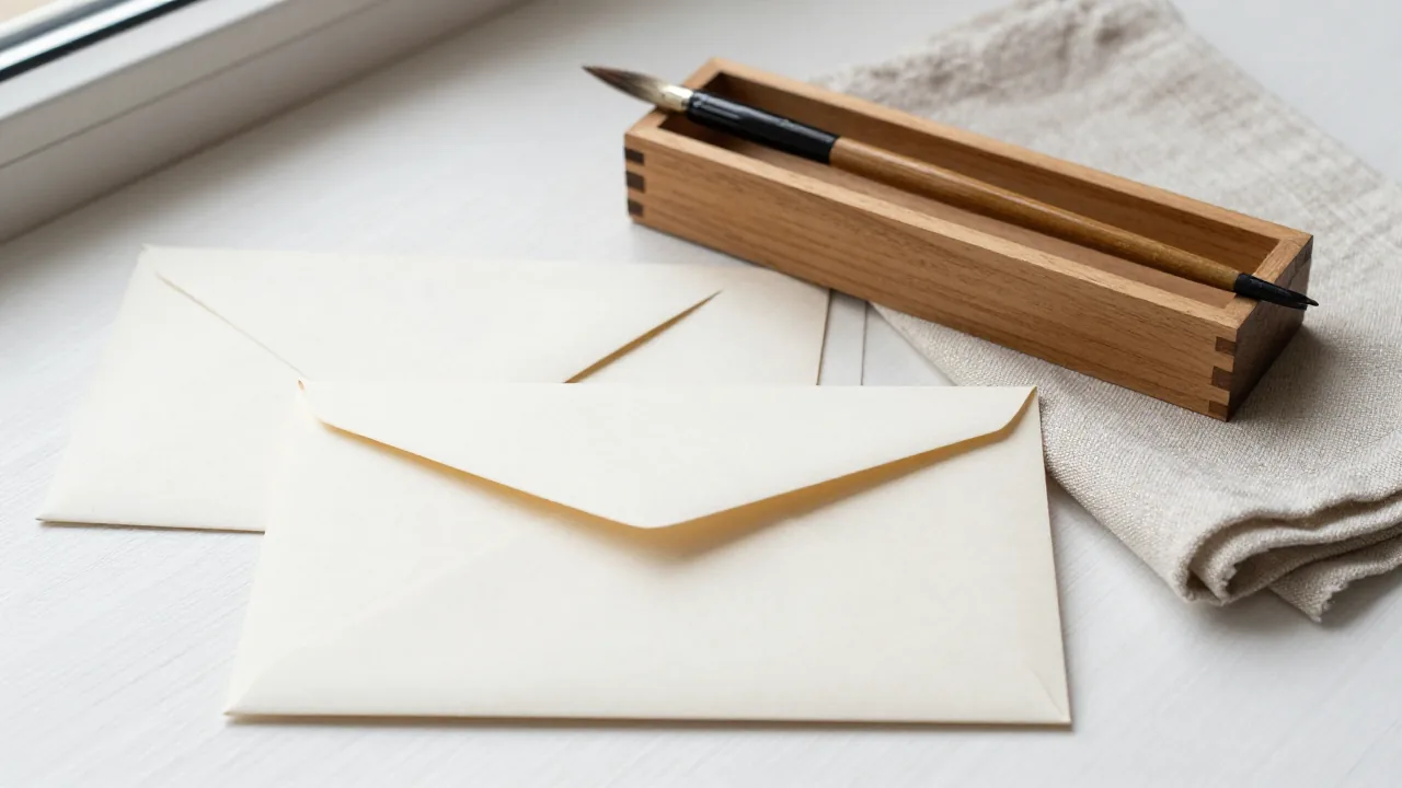 ink brush, wooden box, and plain envelope for chinese last name list