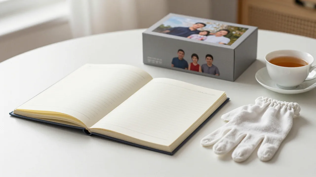 Closed notebook, photo box, gloves, and tea cup for building a Lu surname research note
