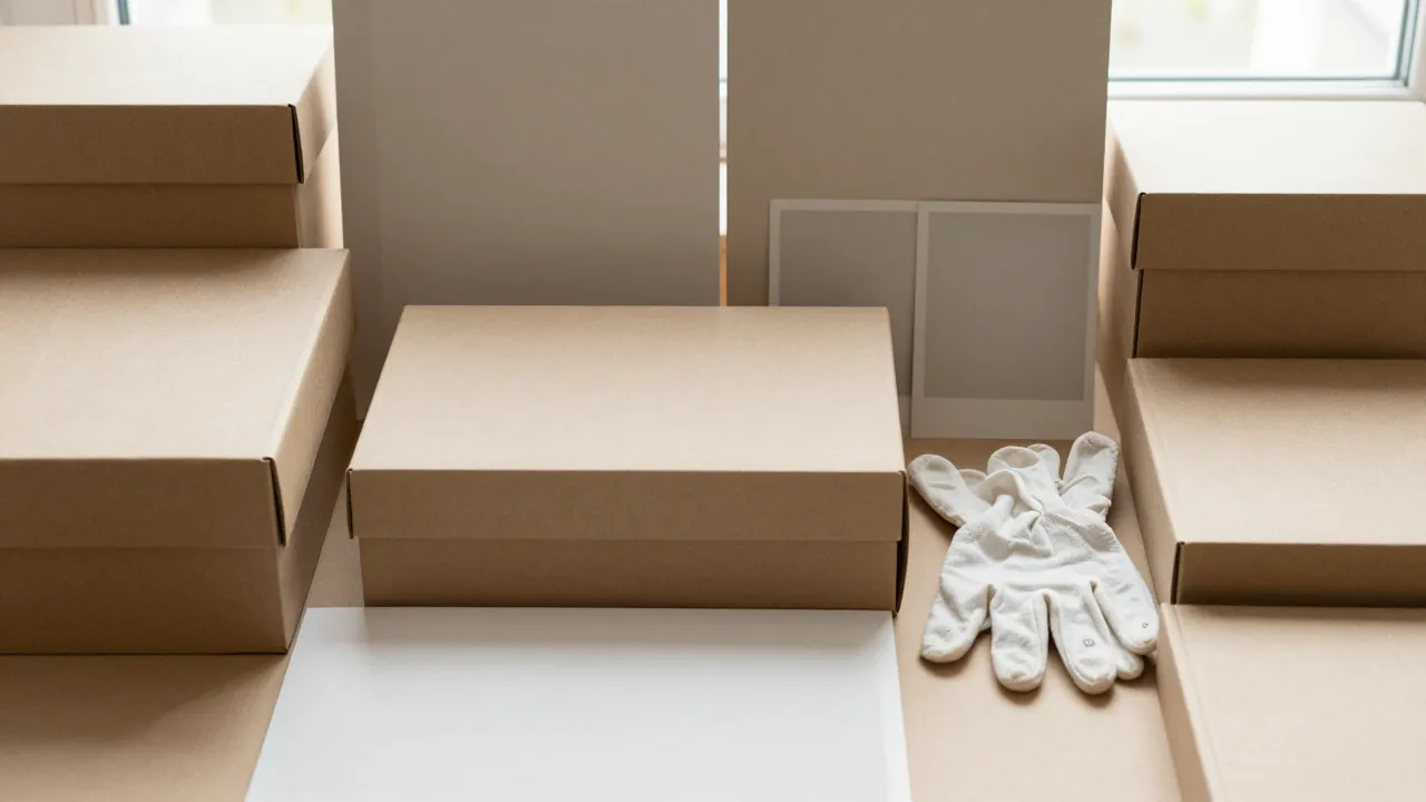 closed archival boxes, cotton gloves, blank photo backs supporting long chinese surname