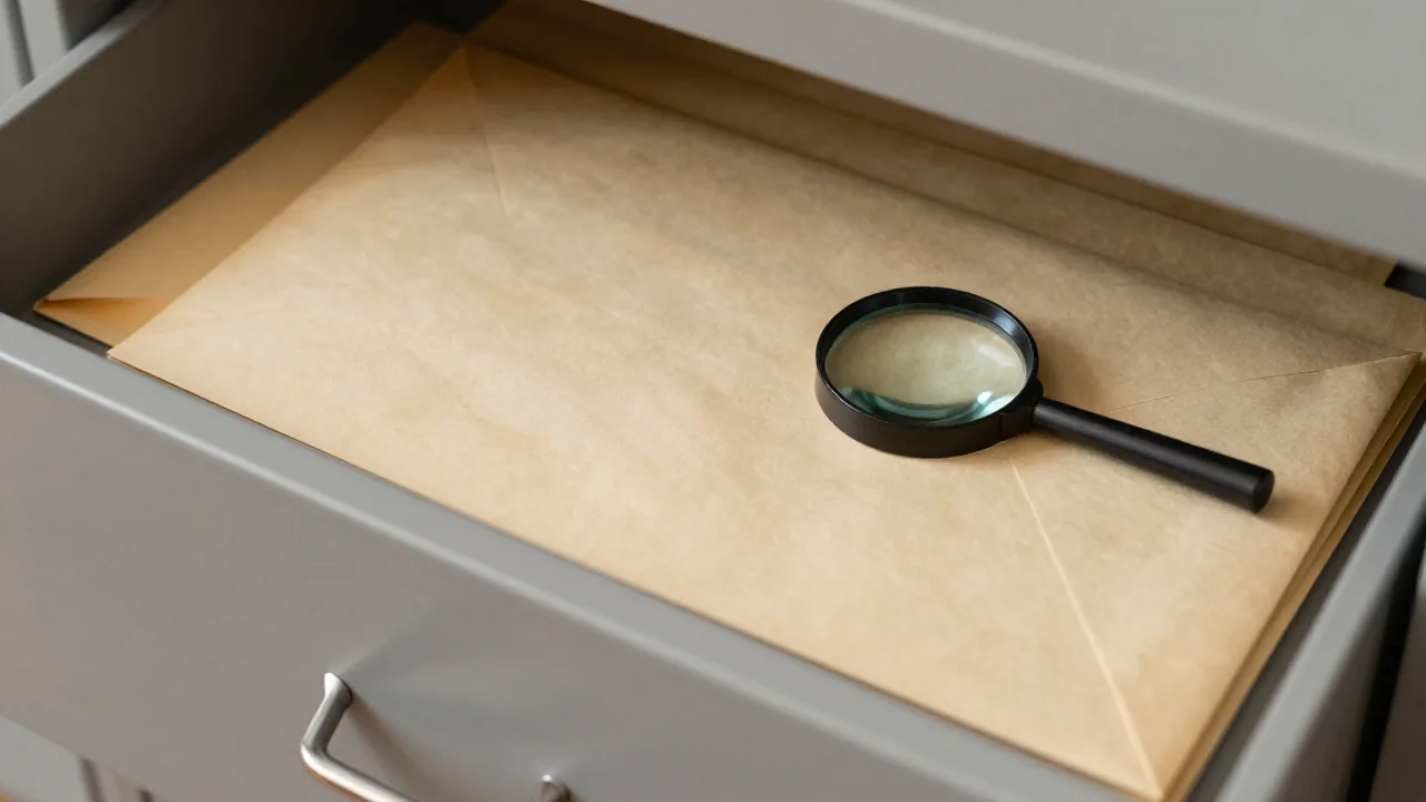 archival storage drawer, unmarked envelopes, magnifying glass supporting long chinese surname