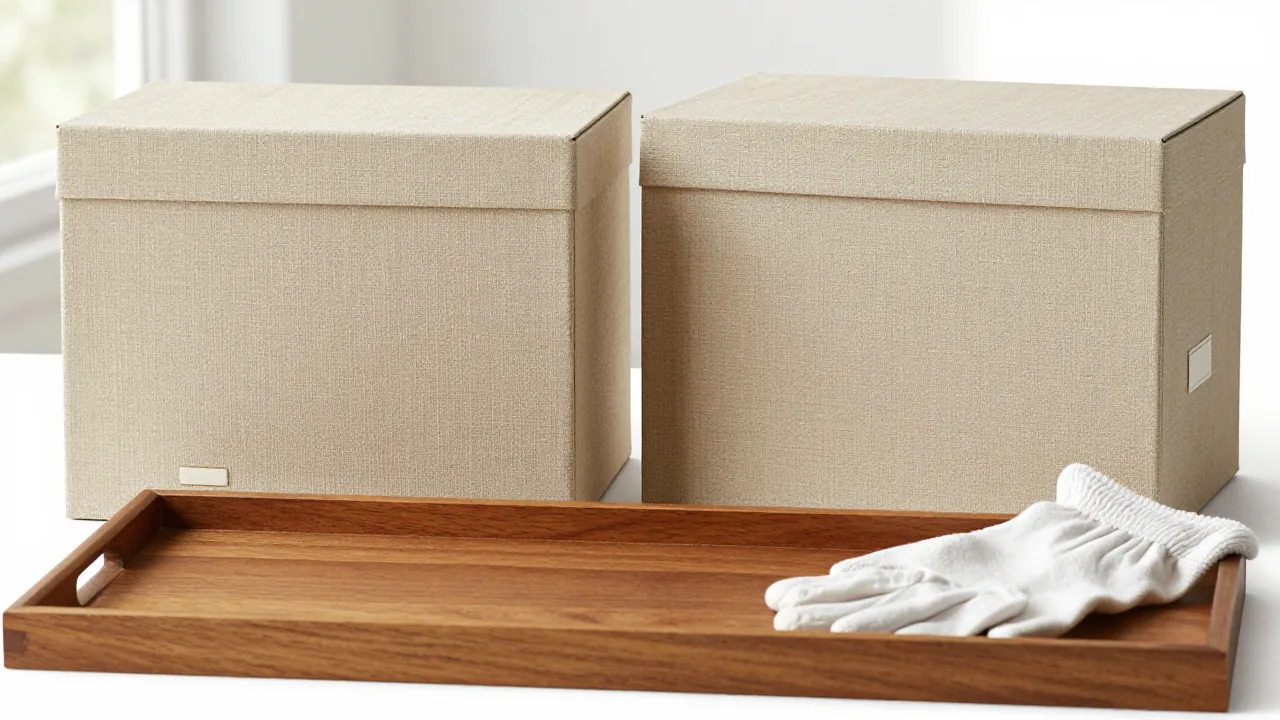two closed plain linen archive boxes, empty wooden tray, cotton gloves supporting wei chinese surname
