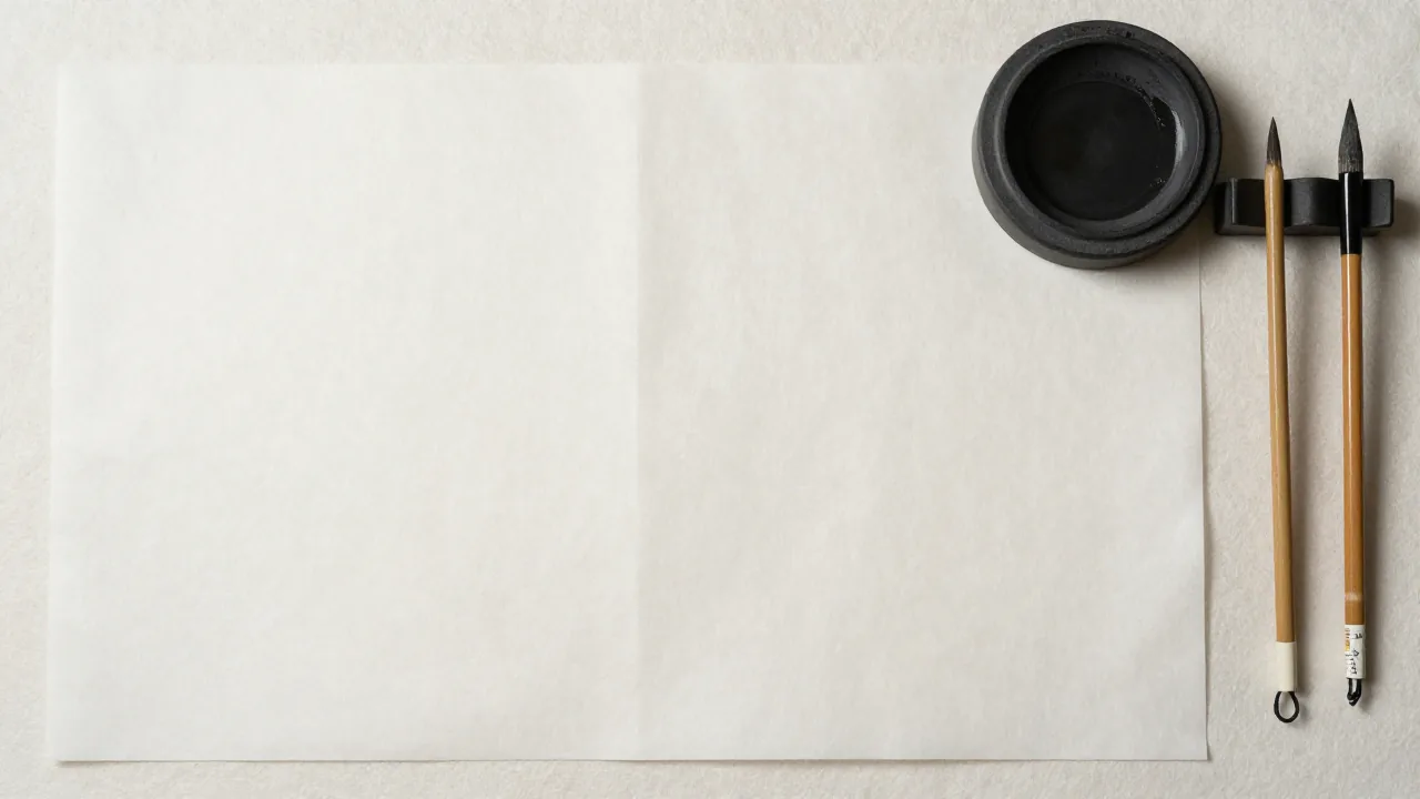 blank rice paper sheets, ink stone, three writing brushes supporting beautiful chinese surnames