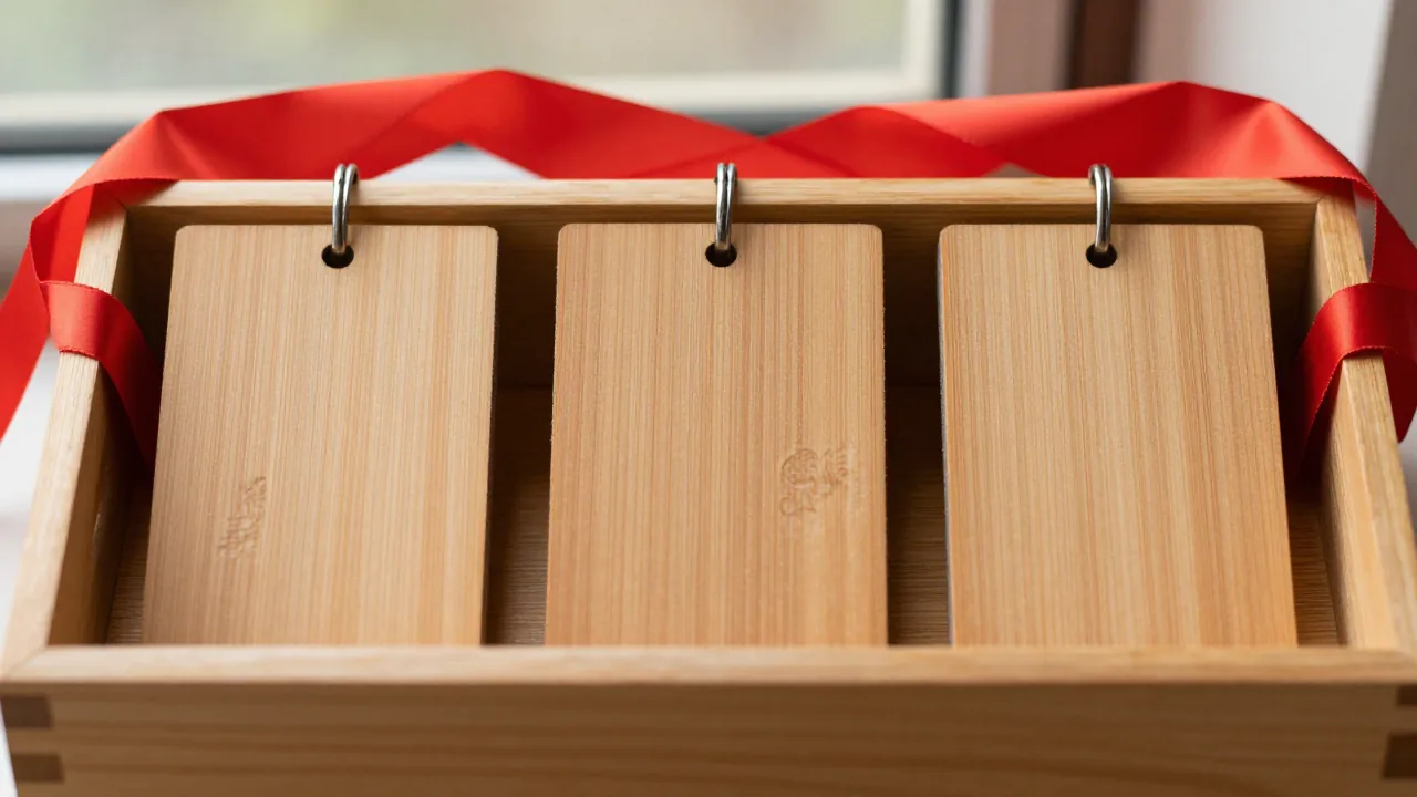 three small blank wooden plaques turned face down, wooden sorting tray, red silk ribbon supporting beautiful chinese surnames