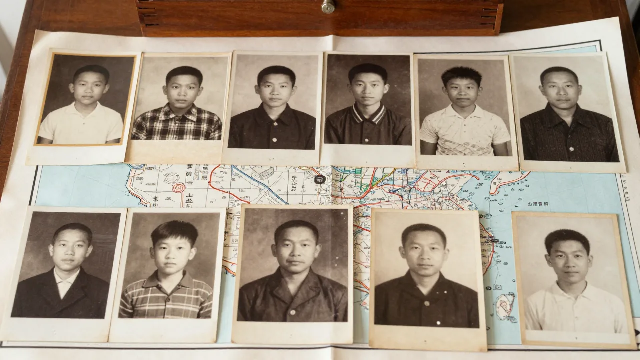 old family photographs turned face down, plain map, wooden box supporting cai chinese surname