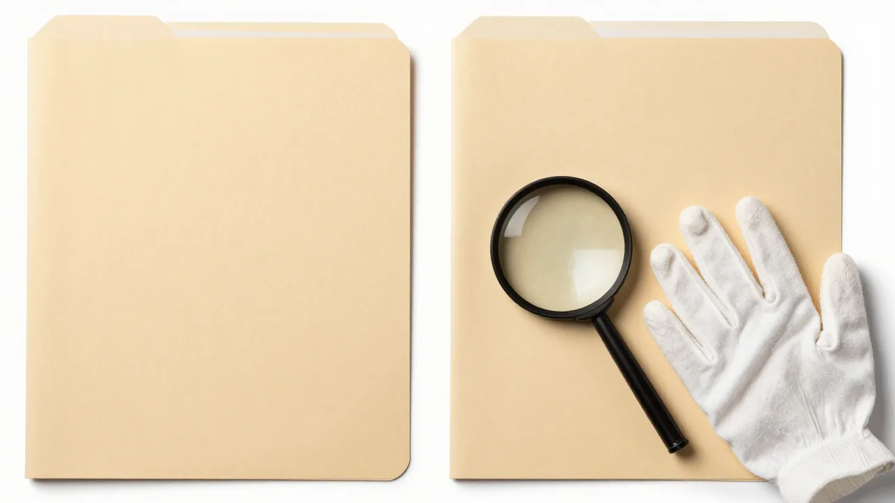 two separate archival folders, magnifying glass, cotton gloves