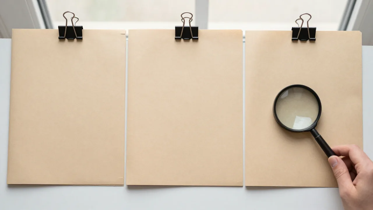 three document sleeves, binder clips, magnifier