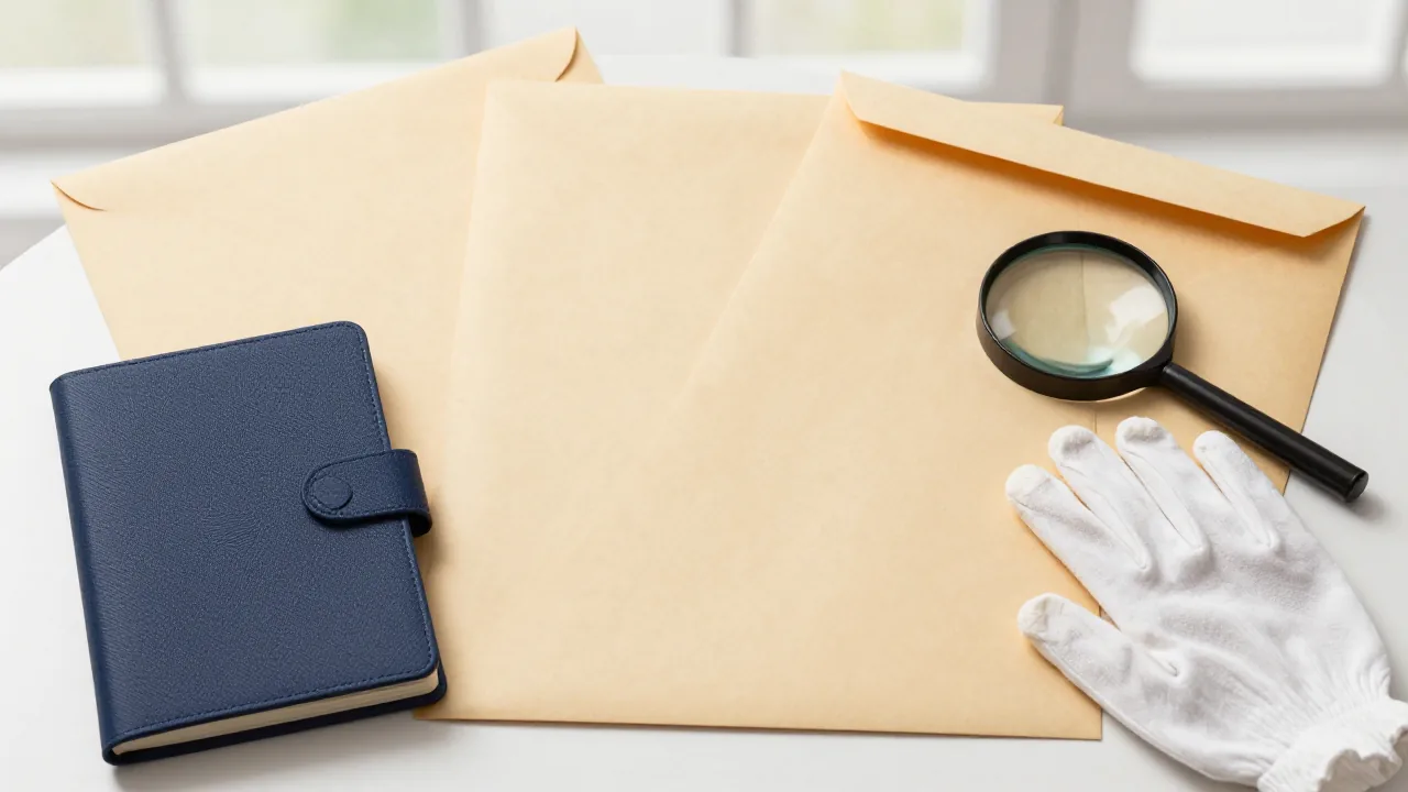 cloth-bound ledger, blank archival envelopes, magnifying glass, cotton gloves