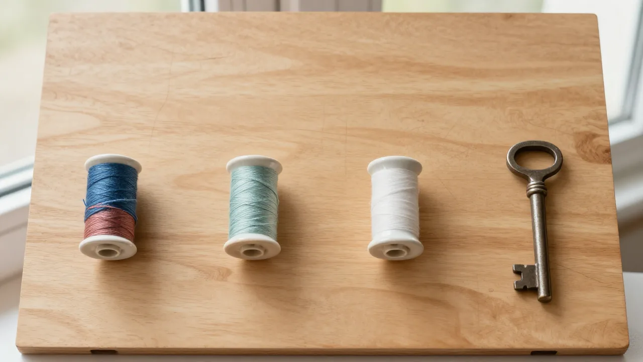 unmarked wooden map board, colored thread spools, blank ceramic markers, old metal key