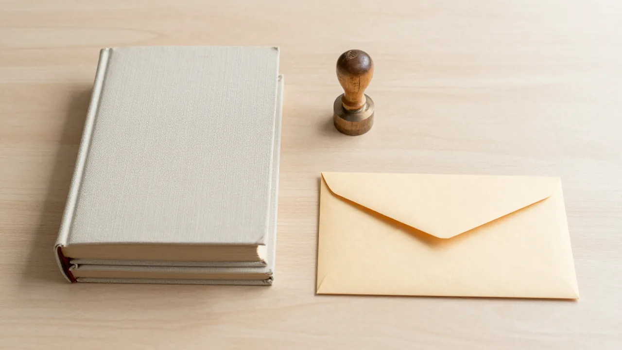 two closed cloth-bound books, blank envelope, plain wooden seal