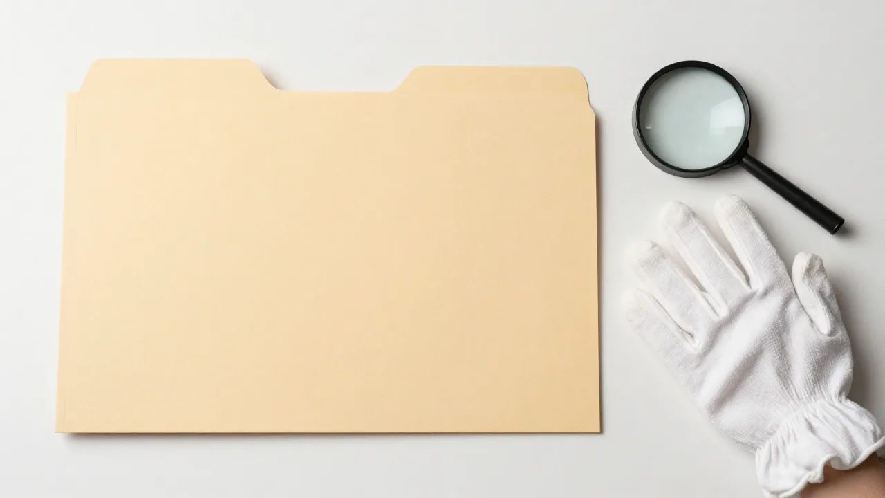 closed blank archival folder, cotton gloves, magnifying glass