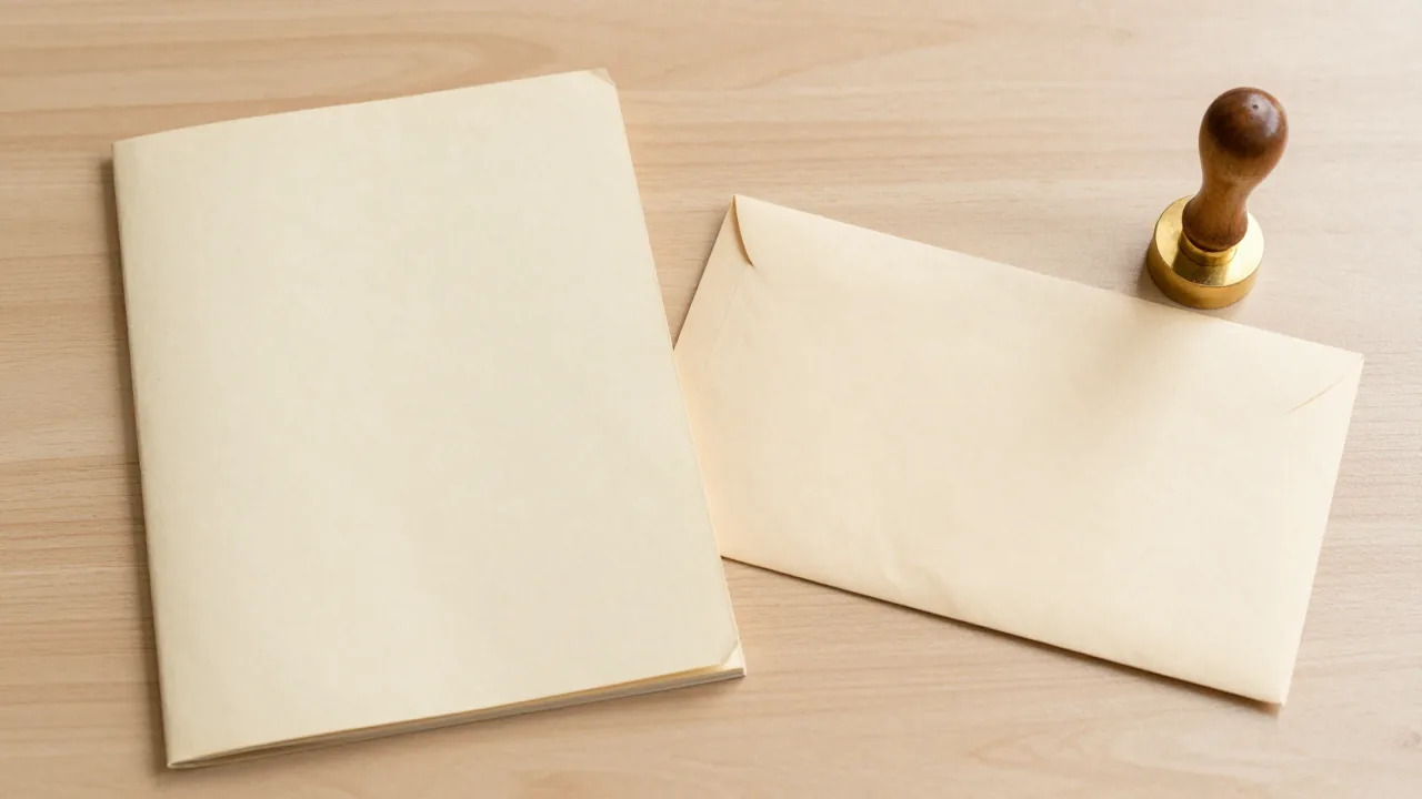 closed unmarked family register, plain envelope, wooden seal handle