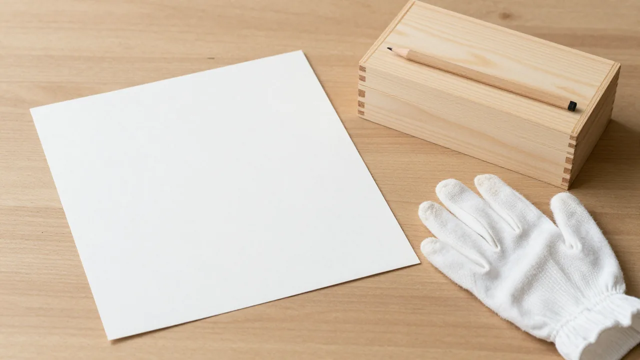 blank archival photograph sleeve, cotton gloves, plain wooden storage box, unmarked pencil