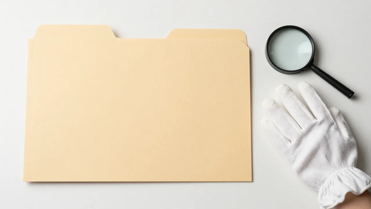 closed blank archival folder, cotton gloves, magnifying glass