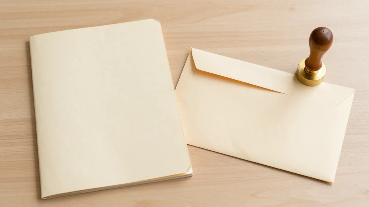 closed unmarked family register, plain envelope, wooden seal handle