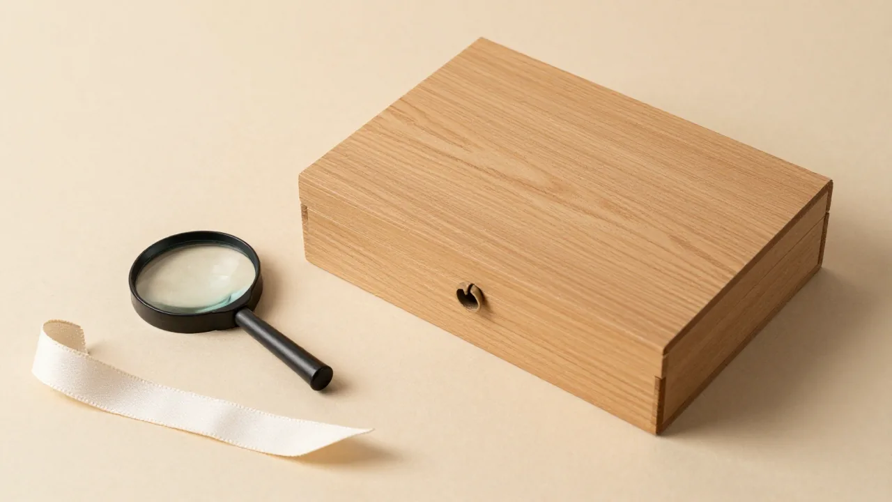 closed wooden document box, plain cotton ribbon, magnifying glass