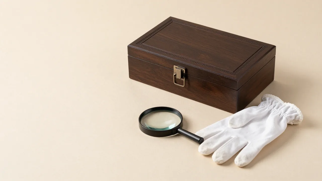 closed carved document box, cotton gloves, magnifying glass