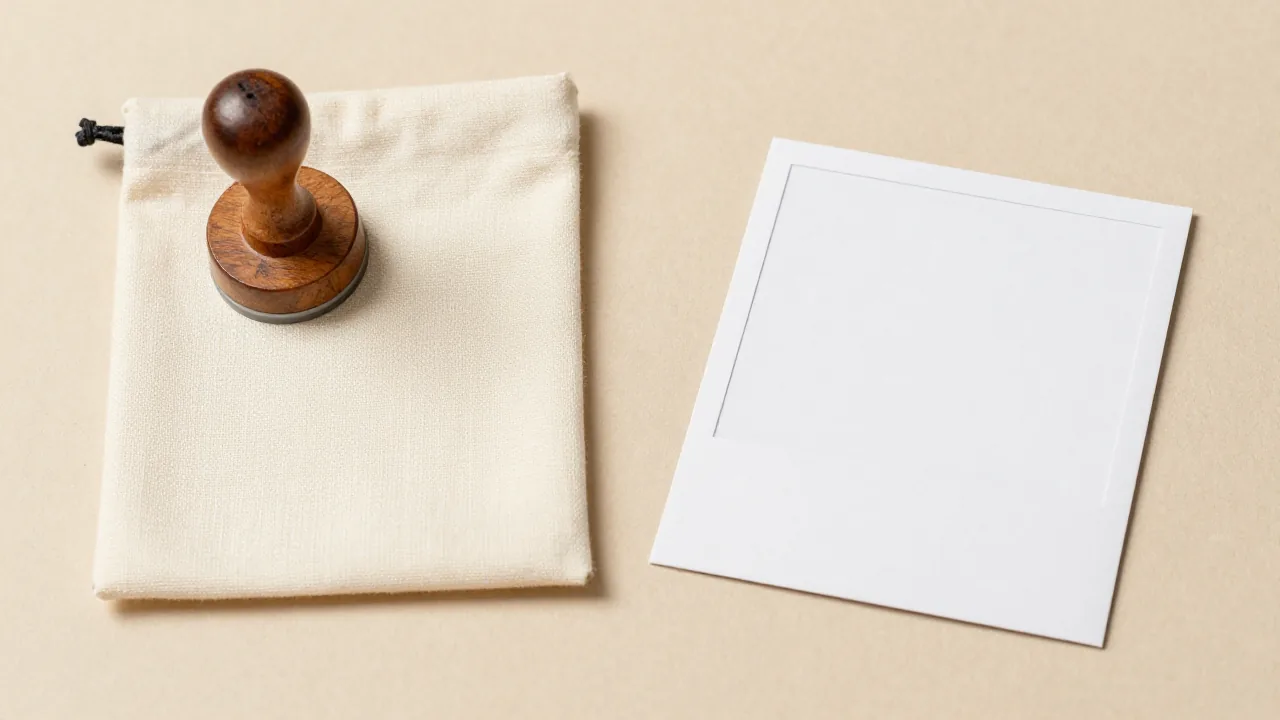 wooden seal, plain fabric pouch, photo sleeve face down