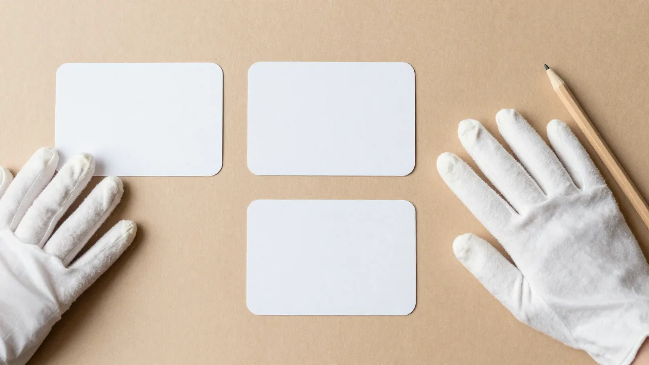 three blank archival sheets face down, cotton gloves, plain pencil