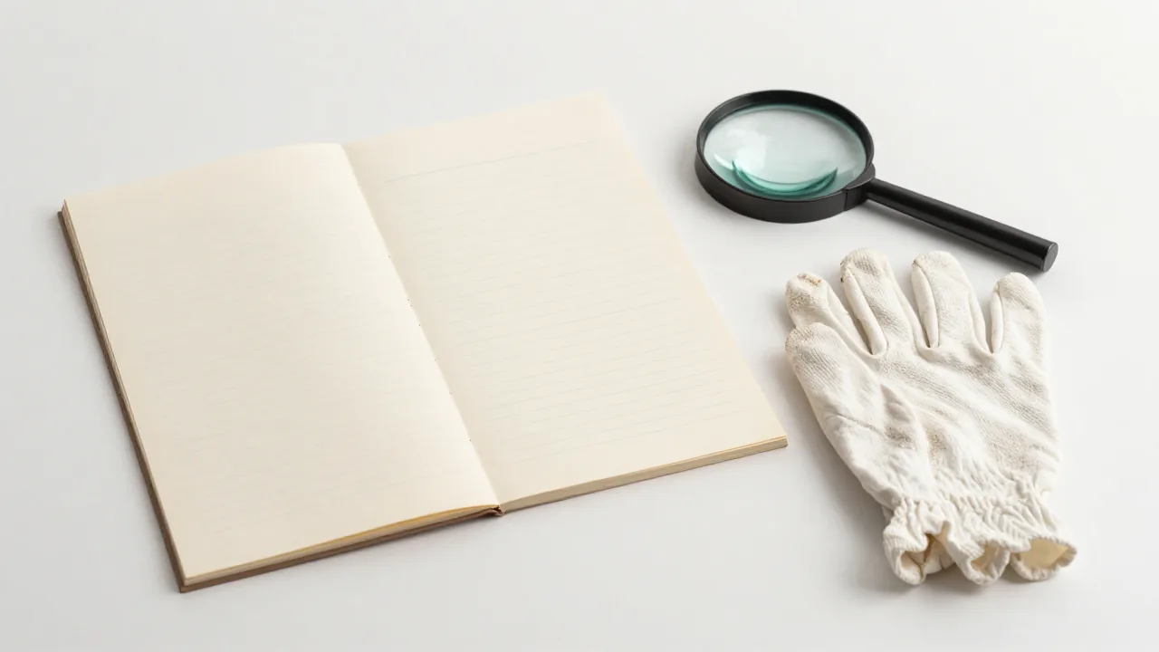 closed family register, cotton gloves, magnifying glass
