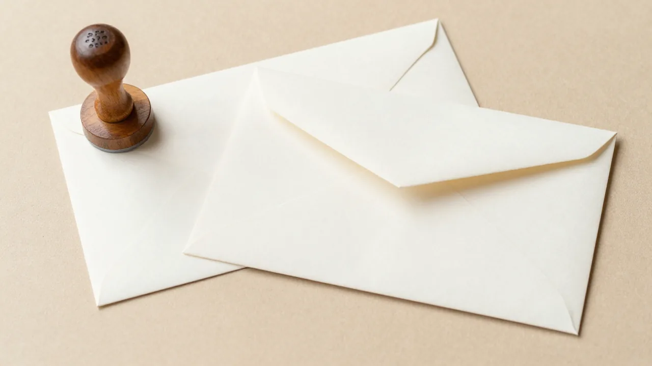 wooden seal, plain envelope, photo sleeve