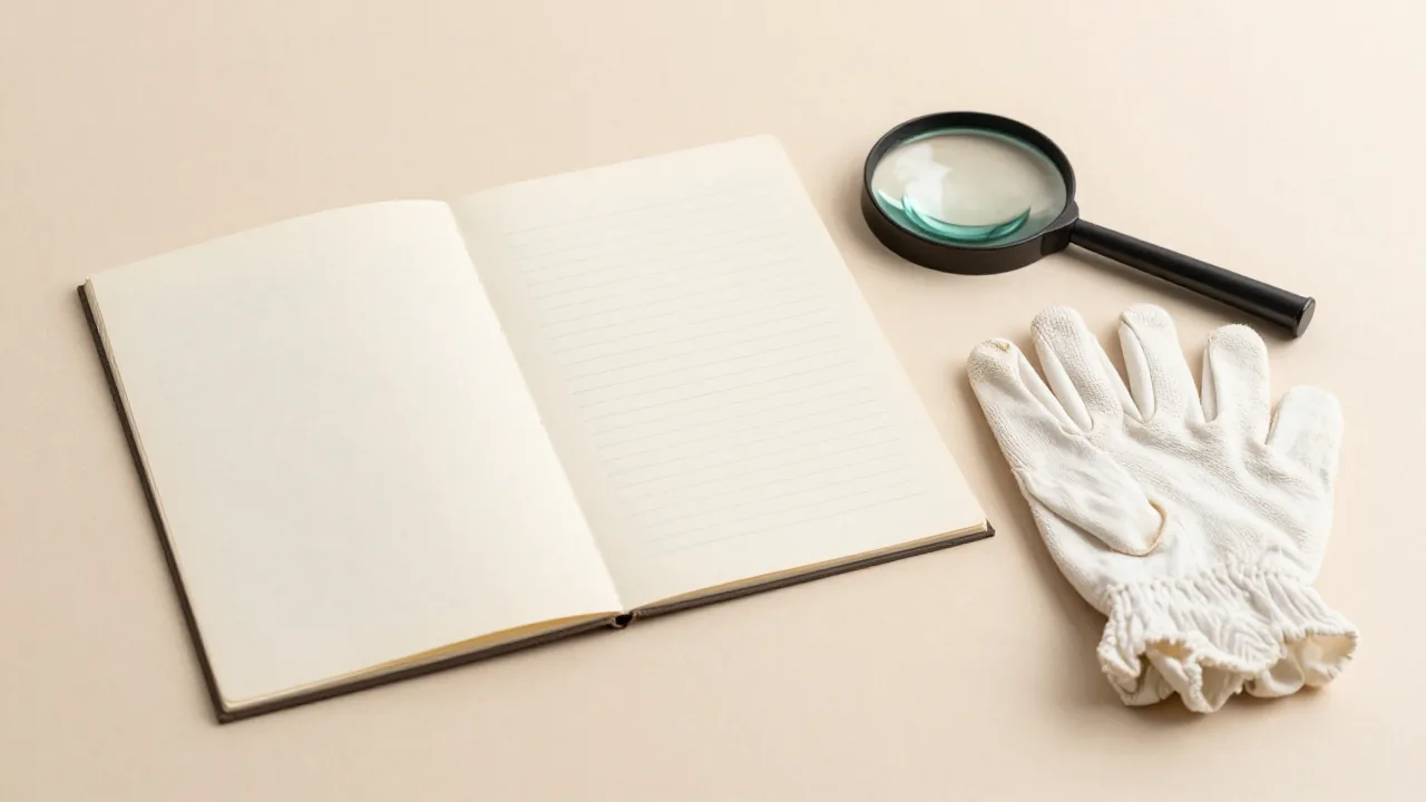 closed family register, cotton gloves, magnifying glass