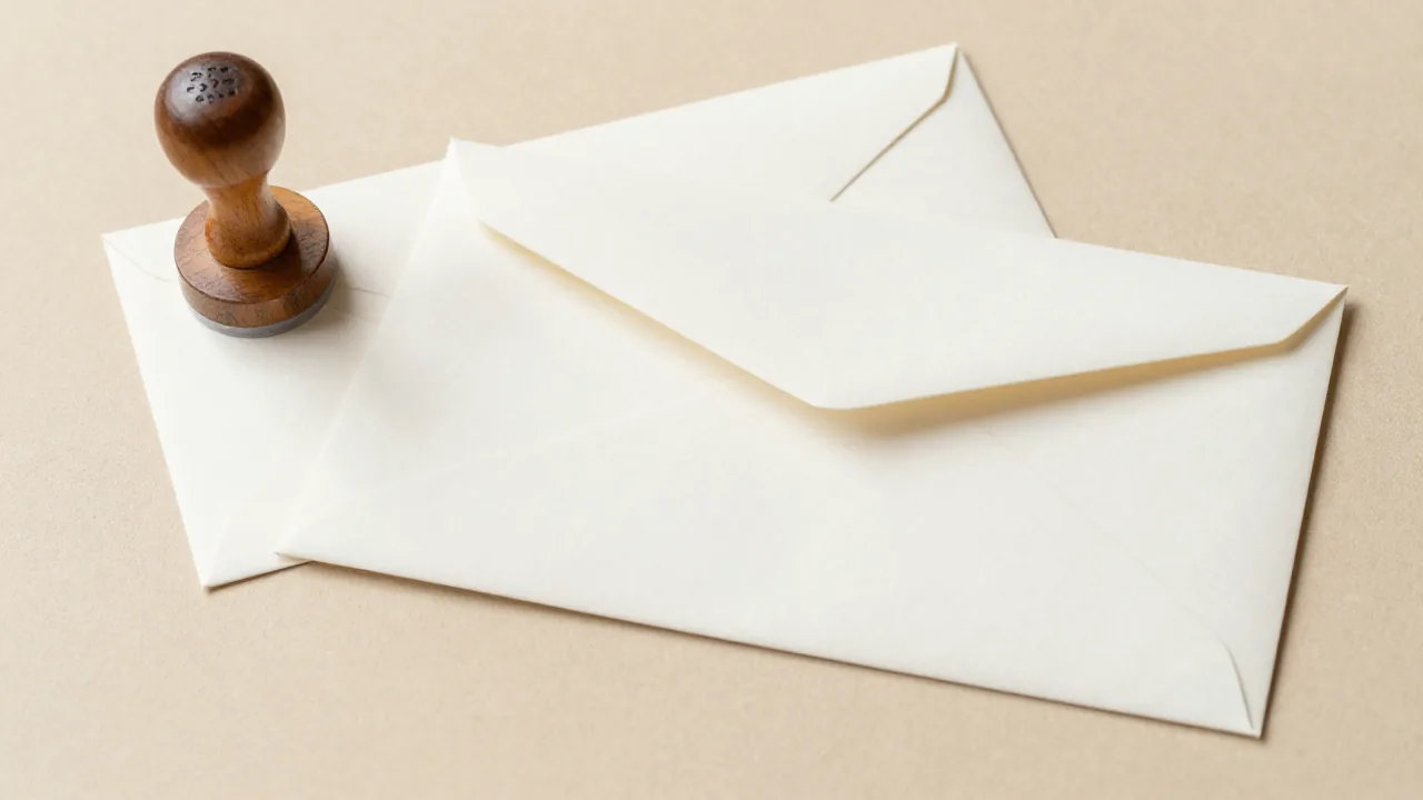 wooden seal, plain envelope, photo sleeve