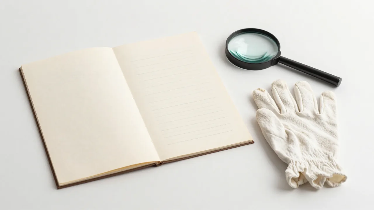 closed family register, cotton gloves, magnifying glass
