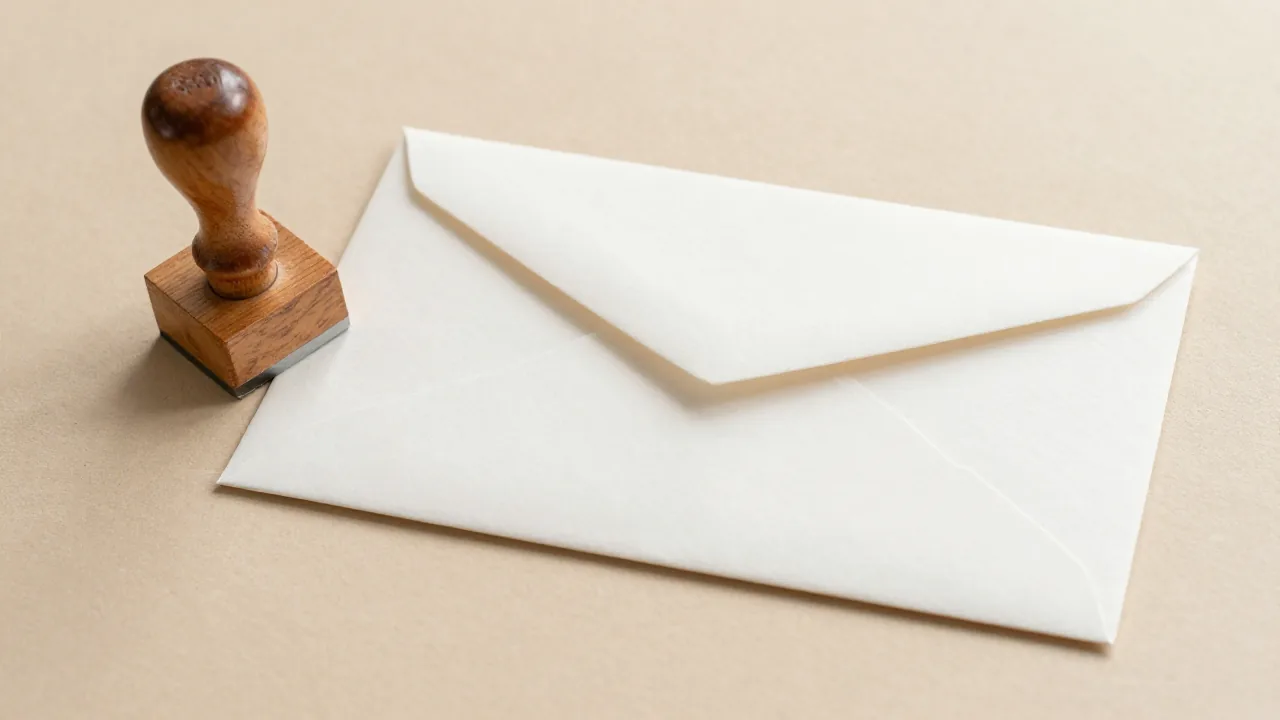wooden seal with no writing visible, plain envelope, photo sleeve