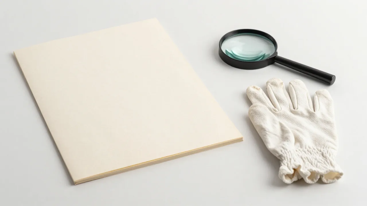 closed family register, cotton gloves, magnifying glass