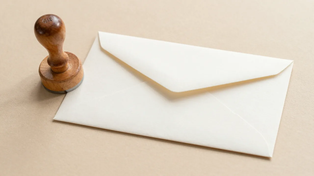 wooden seal with no writing visible, plain envelope, photo sleeve